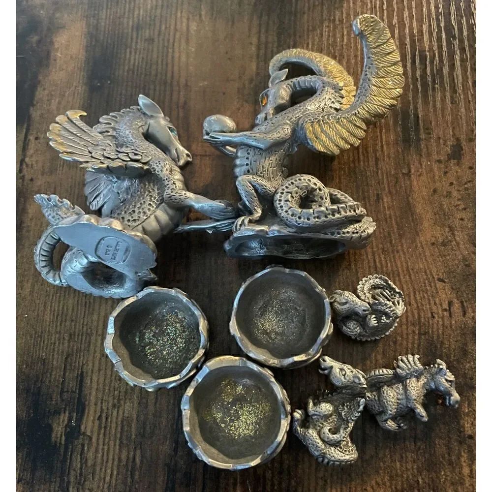 Rawcliffe Fantasy Pewter 2003 Collectible Dragon family of 5 with rhinestones